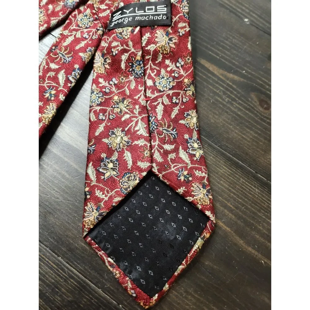 Zylos George machado Tie 100%‎ Italian SILK NECKTIE  Burgandy with Floral print.